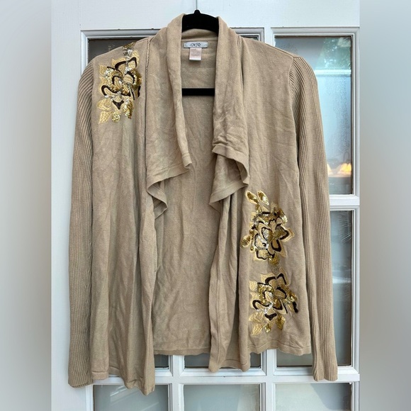Vintage Cache Knit Silk Blend Tan Cardigan Gold Sequin Floral Embroidery Size S - Picture 12 of 13